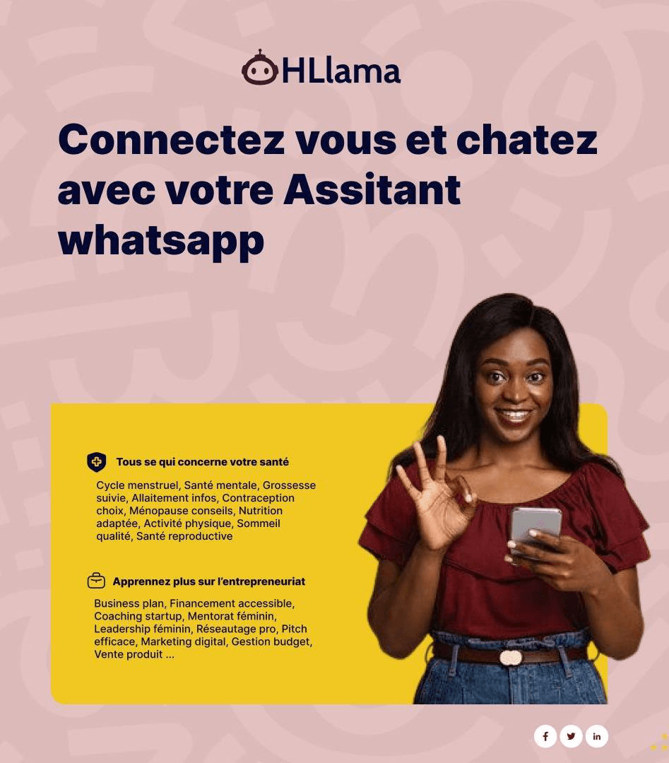 HLlama WhatsApp assistant interface presenting health and entrepreneurship journeys
