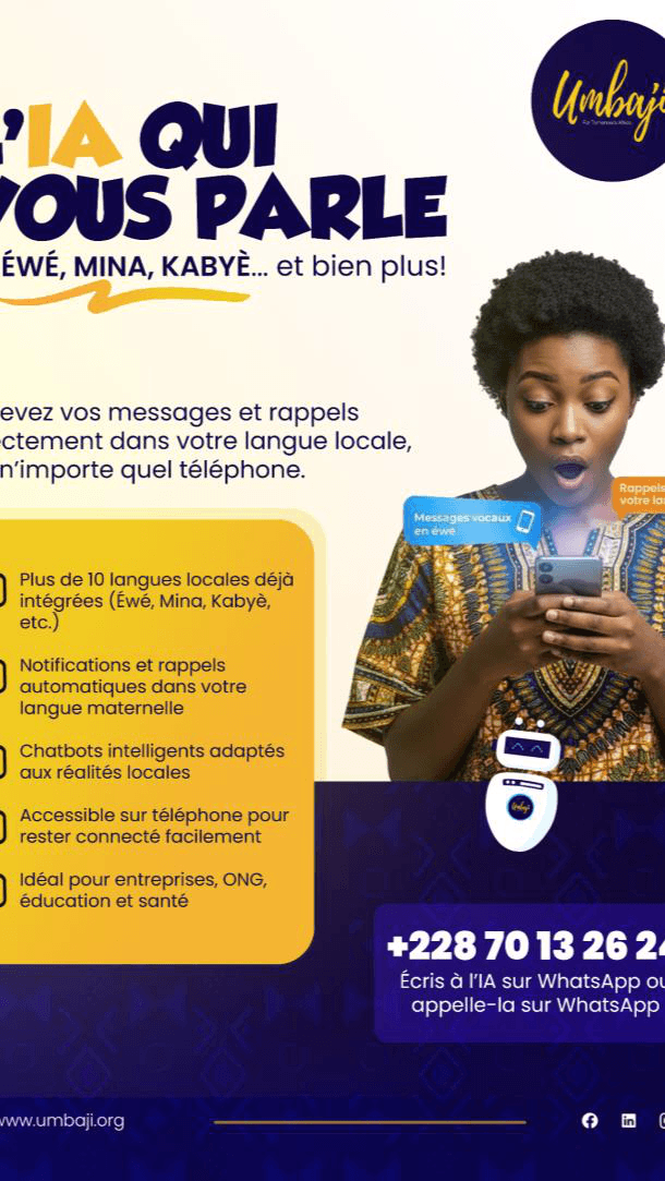 Woman using HLlama on her phone, with Ewe, Mina, and Kabiyè highlighted