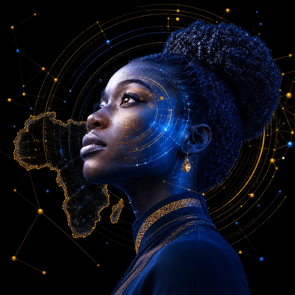 Portrait d'une femme avec une superposition de réseau numérique et un contour pointillé du continent africain