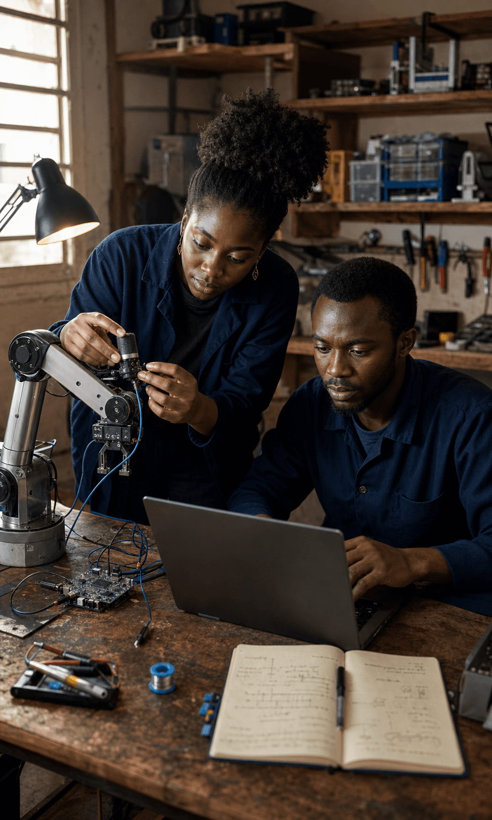 Two Togolese engineers calibrating a compact robotic arm and an acoustic sensor in their workshop
