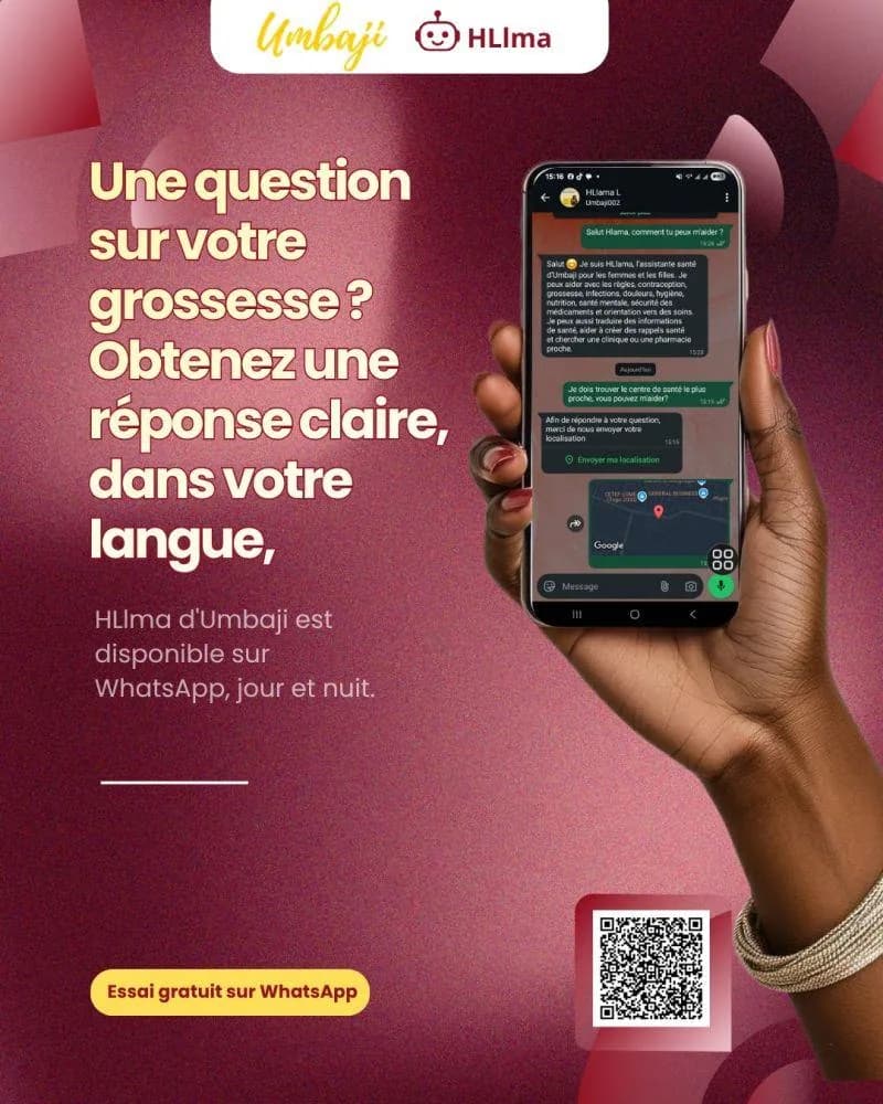 Une main tient un téléphone affichant une conversation WhatsApp avec HLlama sur la grossesse et la recherche du centre de santé le plus proche